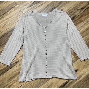 Women's Textured Oversized Lagenlook Tan Button Accent Long Sleeve Top Shirt M